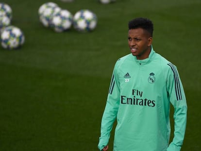 Rodrygo no treino do Real Madrid.