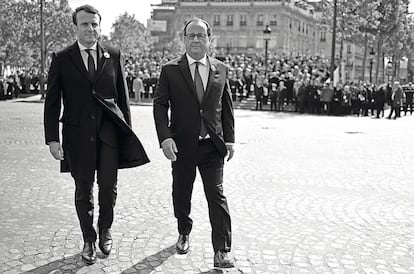 Emmanuel Macron, buscando en su proclamación un oscuro trastero donde meter a su predecesor, François Hollande.