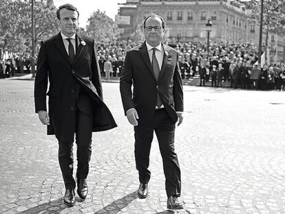 Emmanuel Macron, buscando en su proclamación un oscuro trastero donde meter a su predecesor, François Hollande.