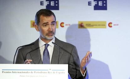 El Rey Felipe, durante su discurso en la ceremonia de entrega de los XXXVI Premios Rey de España.