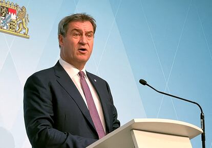 El presidente de Baviera, Markus Söder, este domingo durante una comparecencia ante la prensa sin preguntas en Múnich.