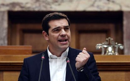 El primer ministre grec, Alexis Tsipras, durant la seva intervenció al Parlament grec.