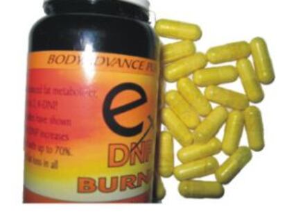 Envase de 2.4 dinitrofenol (DNP) a la venta en Internet.