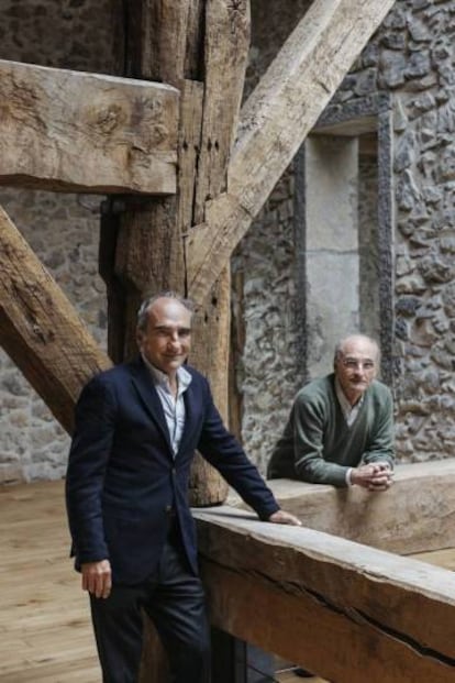 Eduardo Chillida’s sons, Luis (l) and Ignacio Chillida, in the 16th-century farmhouse Zabalaga that houses the smaller pieces from the Chillida collection.