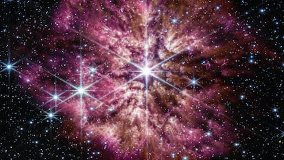 This bright and hot star — Wolf-Rayet 124 — is a prelude to a supernova. The image was captured by the James Webb Space Telescope.