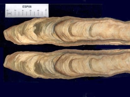 Corte de la estalagmita ESP06 de Cova Arcoia (Folgoso do Courel, Lugo), con los diferentes acontecimientos del clima grabados desde hace 550.000 años hasta el presente.