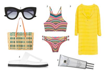 1. Thierry Lasry Gafas de sol con montura de pasta. 2. Oysho Bikini con print geométrico. 3. Zara Túnica. 4. Oysho Clutch de sandalia en forma de paillettes. 5. Alexander Wang Sandalia de piel. 6. Estée Lauder Crema facial con SPF 50 'Re-Nutriv'.