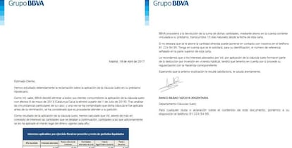 Comunicado en el que BBVA acepta devolver el dinero cobrado de más a un cliente que reclamó por la vía extrajudicial.