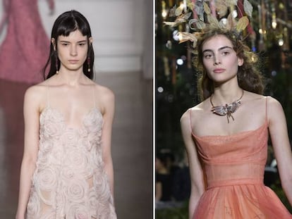 De izquierda a derecha: vestidos de alta costura de Valentino, Dior y Chanel.