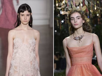 De izquierda a derecha: vestidos de alta costura de Valentino, Dior y Chanel.