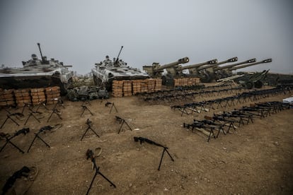 Tanks and weapons of the Armenian forces in Nagorno-Karabakh, on display in the Azerbaijani town of Signag, October 30, 2023.