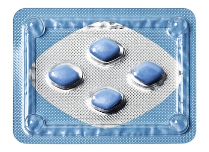 A blister pack of Viagra. Although the medication cannot be bought without a prescription, it can be purchased easily on the black market. 