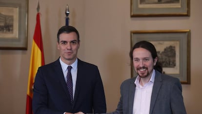 Caretaker Prime Minister Pedro Sánchez and Unidas Podemos leader Pablo Iglesias on Tuesday.