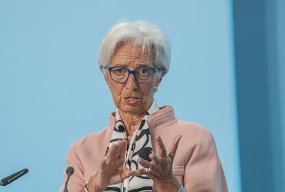 Lagarde, durante su comparecencia este jueves en Fráncfort tras la reunión del BCE.
