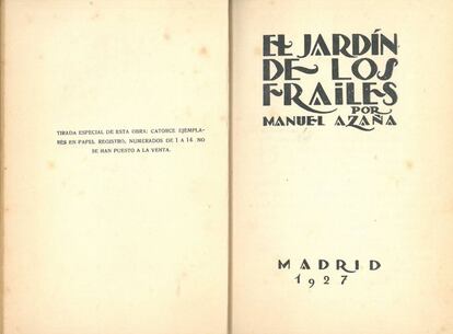 Primera edición de una de las novelas de Azaña.