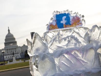 The activist group SumOfUs placed a 5,000-pound piece of ice with the Facebook logo in front of the Capitol in Washington, D.C., to protest against the social media site’s role in promoting climate misinformation.