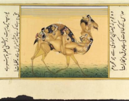 Un cuadro gouache hindú del siglo XIX de la silueta de un camello compuesta por parejas copulando.