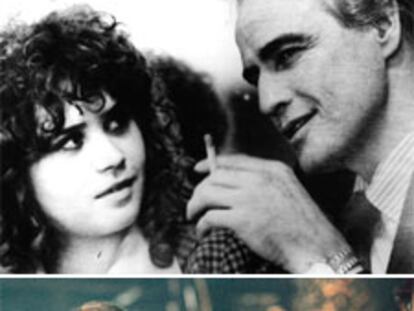 Arriba, Marlon Brando y María Schneider en <i>El último tango en París. </i><b>Abajo, el actor  junto a  Robert De Niro en </b><i>Un golpe maestro, </i><b>donde realiza un pequeño papel. </b>