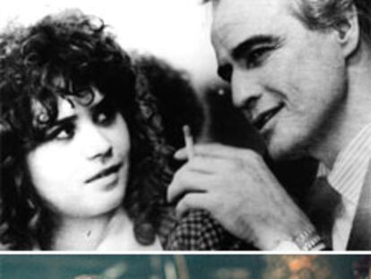 Arriba, Marlon Brando y María Schneider en <i>El último tango en París. </i><b>Abajo, el actor  junto a  Robert De Niro en </b><i>Un golpe maestro, </i><b>donde realiza un pequeño papel. </b>