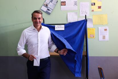 Kyriakos Mitsotakis leader of center-right New Democracy party votes at a polling station in Athens, Greece, Sunday, June 25, 2023.