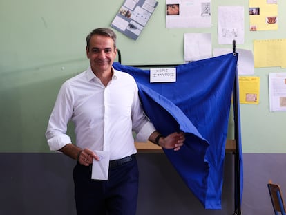 Kyriakos Mitsotakis leader of center-right New Democracy party votes at a polling station in Athens, Greece, Sunday, June 25, 2023.