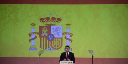 El l&iacute;der del PSOE, Pedro S&aacute;nchez, durante la presentaci&oacute;n de su candidatura.