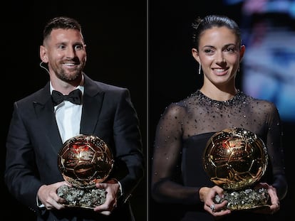 Lionel Messi and Aitana Bonmatí at the 2023 Ballon d'Or France Football award ceremony in Paris on October 30, 2023. 