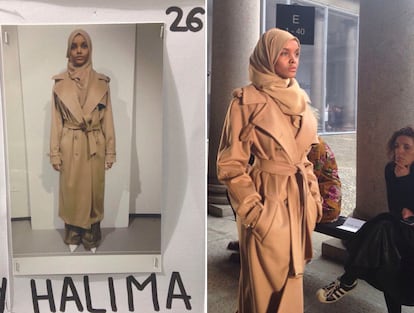 Halima durante el desfile de Max Mara y en el ‘moodboard’ de la firma en el backstage.