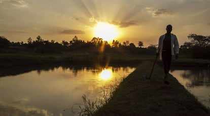 Un hombre pasa por una piscifactor&iacute;a en Lira (Uganda).