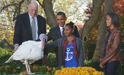 Sasha y Obama acarician a 'Cobbler' ante la mirada de Malia y el presidente de la Asociación Nacional del Pavo.