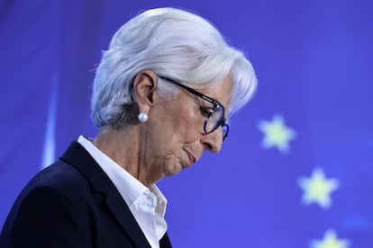 La presidenta del BCE, Christine Lagarde, durante la rueda de prensa este jueves en Fráncfort.