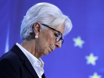 La presidenta del BCE, Christine Lagarde, durante la rueda de prensa este jueves en Fráncfort.