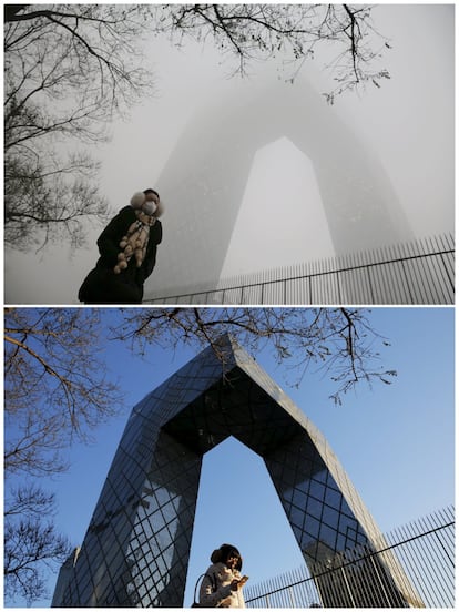 A combination photo shows a morning commuter walking in front of the China Central Television (CCTV) building on a smoggy day on December 1, 2015 (top), and on a sunny day on December 2, 2015 (bottom), after a fresh cold front cleared the smog that was blanketing Beijing, China. REUTERS/Damir Sagolj      TPX IMAGES OF THE DAY           TPX IMAGES OF THE DAY     