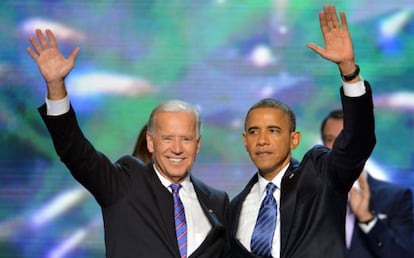 El vicepresidente, Joe Biden, y el presidente, Barack Obama, en la clausura de la Convenci&oacute;n Dem&oacute;crata.