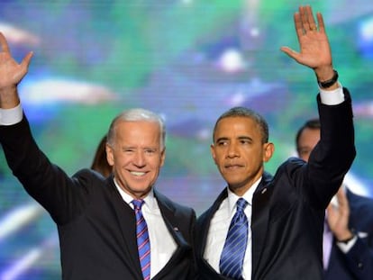 El vicepresidente, Joe Biden, y el presidente, Barack Obama, en la clausura de la Convenci&oacute;n Dem&oacute;crata.