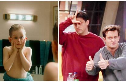 A la izquierda, Kevin McAllister (Macaulay Culkin) viendo la que se le viene encima en 'Solo en casa'. A la derecha, Joey y Chandler, dos de los protagonistas de 'Friends'.