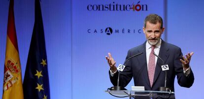 Felipe VI, ayer durante su intervención en la inauguración de la exposición ‘40 años de diplomacia en democracia’.