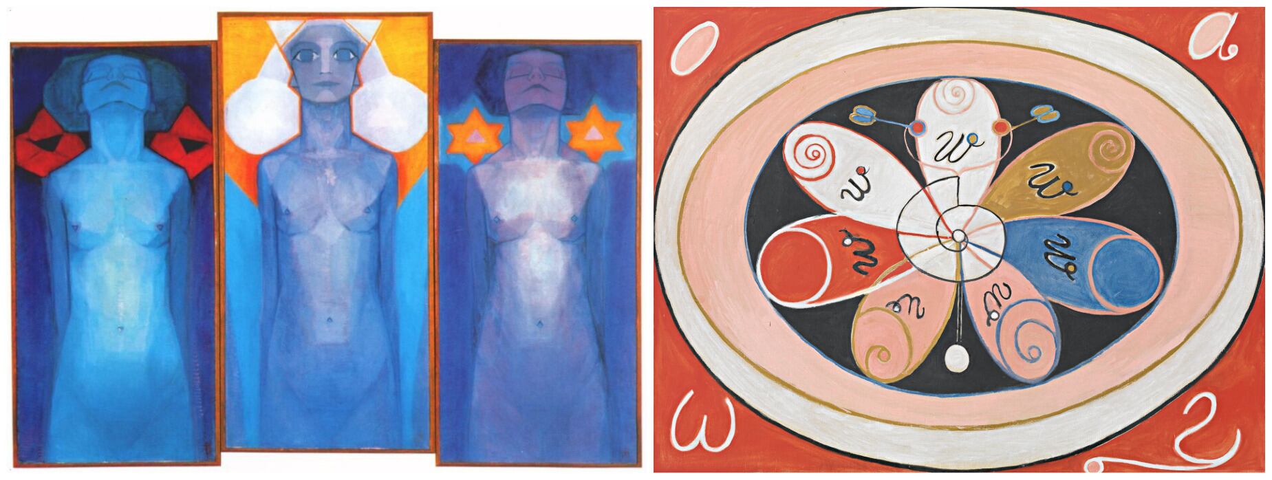 'Evolution' (1911), de Piet Mondrian, y 'Evolution' (1908), de Hilma af Klint.