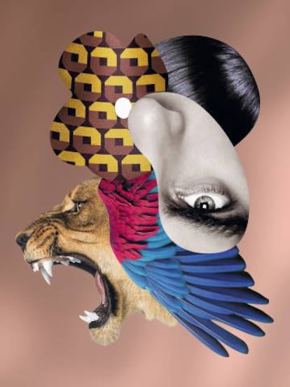 Cada fragancia de Prada Olfactories tiene su propio ‘collage’. Aquí, el de Double Dare, un despliegue de exotismo y especias. Cada perfume viene acompañado por una bolsa.