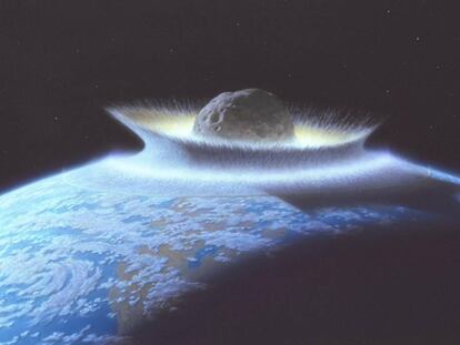 Conceptualización del artista Don Davis de un impacto de asteroide en la superficie de la Tierra.