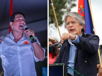 Os candidatos à presidência do Equador, Andres Arauz e Guillermo Lasso em eventos de campanha.