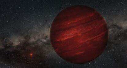Ilustraci&oacute;n del nuevo planeta extrasolar GU Psc b y su estrella GU Psc, a 155 a&ntilde;os luz de distancia de la Tierra.