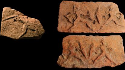 Las dos caras de la cerámica de los guerreros recién hallada en un yacimiento de Belmez (Córdoba), a la derecha, y sección de otra pieza con un guerrero con lanza. / ARACELI CRISTO (UGR)