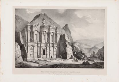 Litografía de la gran tumba de El Deir, perteneciente a la obra  'Viaje a la Arabia pétrea' (1830), de Léon de Laborde.