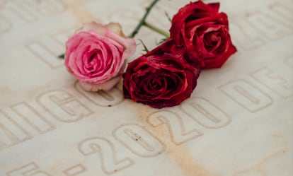 Tres rosas sobre una lápida en el cementerio de La Bañeza.