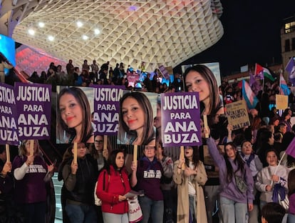 Manifestantes reclaman justicia para Ana Buza, la joven fallecida hace cinco años y cuyo novio ha sido imputado por presunto homicidio imprudente, en la manifestación del 25-N en Sevilla. / FOTO CEDIDA POR LA FAMILIA