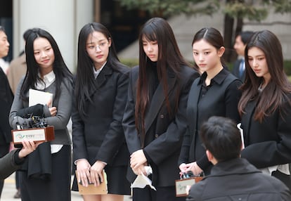 The NewJeans group attends the first court hearing for Ador's lawsuit at the Seoul Central District Court in Seocho-gu on March 7, 2025.