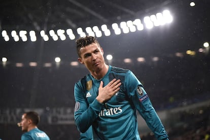 Ronaldo celebra su segundo gol en la ida de los cuartos de final de la Champions frente a la Juventus, el 3 de abril de 2018.