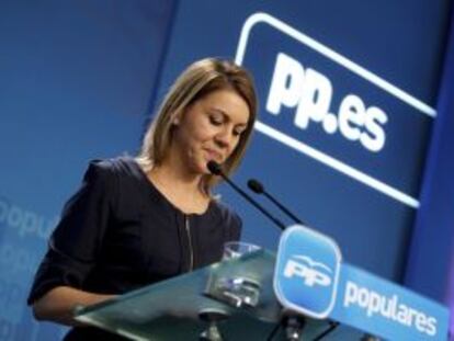 Dolores de Cospedal comparece en la sede del PP en G&eacute;nova (Madrid) tras los resultados.