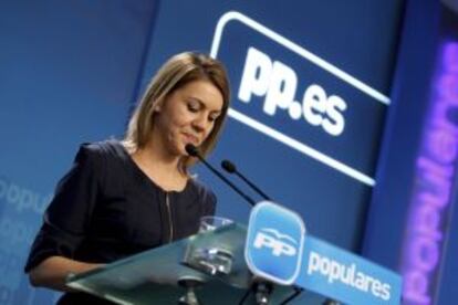 Dolores de Cospedal comparece en la sede del PP en G&eacute;nova (Madrid) tras los resultados.